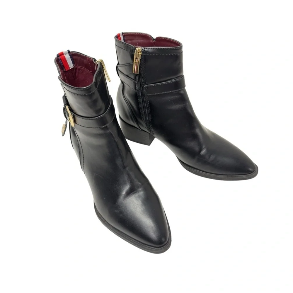 Tommy Hilfiger Black and Gold Ankle Booties with Side-Zip